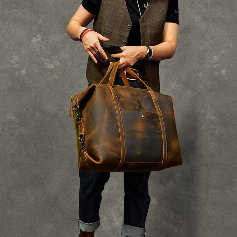 Vintage Men Travel Bags Crazy Horse Leather Men Short Trip Duffle Bag ...