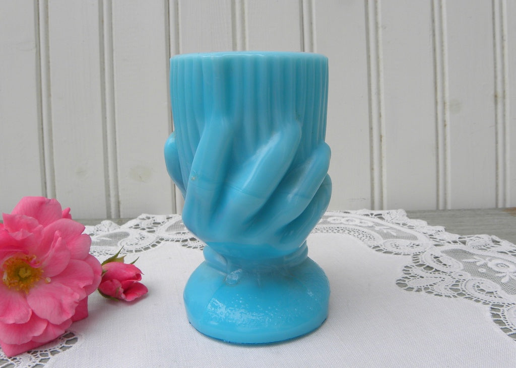 Vintage Teal Milk Glass Beggars Hand Toothpick Holder Vase The Pink Rose Cottage