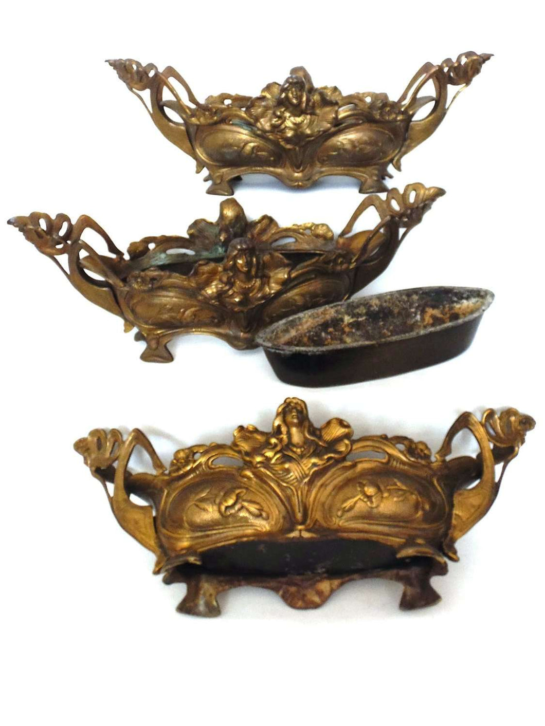 Jardiniere Art Nouveau Planters. Set of 3 Antique Brass Jardinieres. J