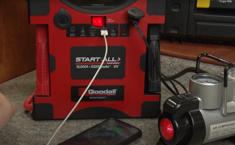 Goodall jp-12-10000 powering air compressor and charging cellphone battery