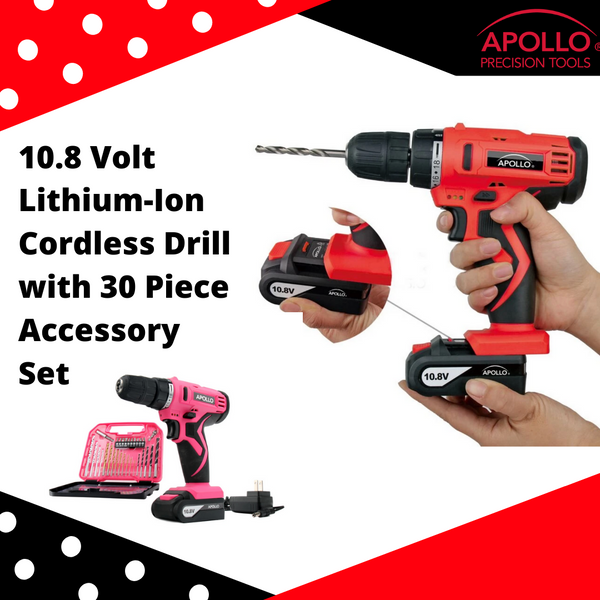 Powerful cordless drill in pink or red with drill bits