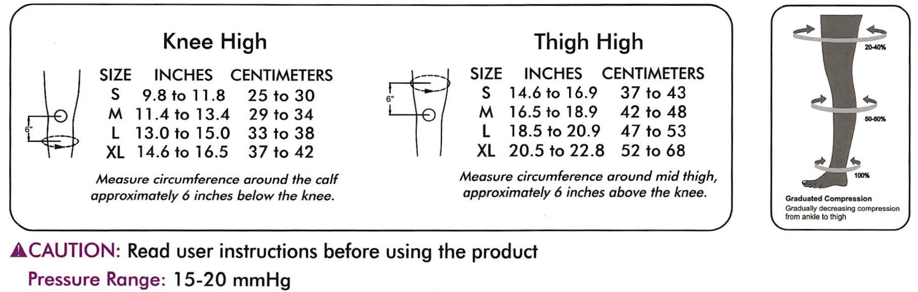 Anti Embolism Compression Stockings (D.V.T. Prophylaxis) Class 1 (Pair) Size chart