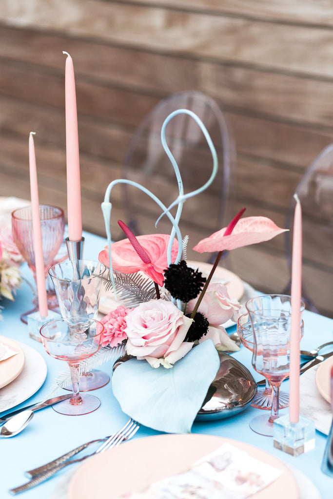 Whimsical blue and pink wedding florals