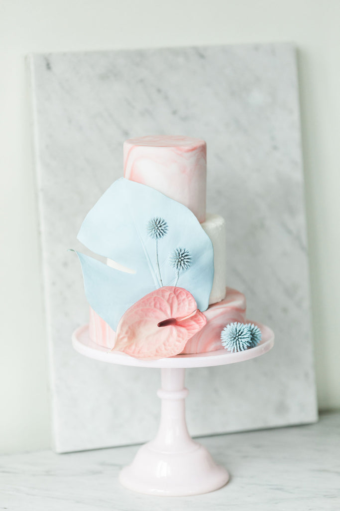 Blue and pink floral wedding cake