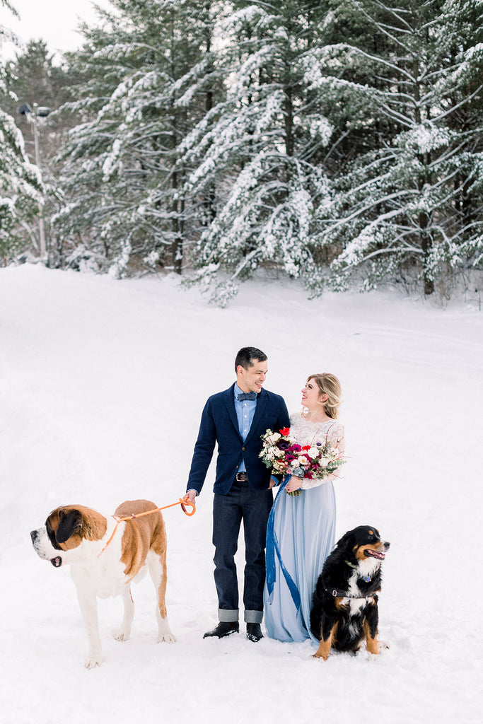 Bride and groom with dogs in winter