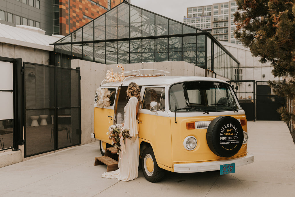 yellow vw bus and bride