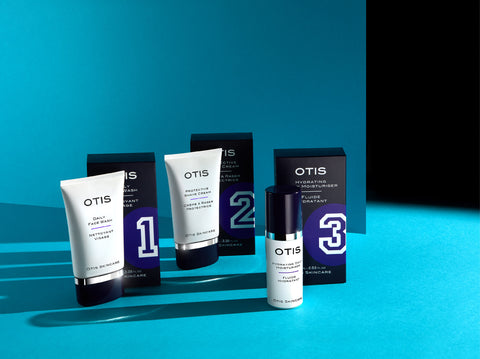 Otis Skincare products for men - on blue background