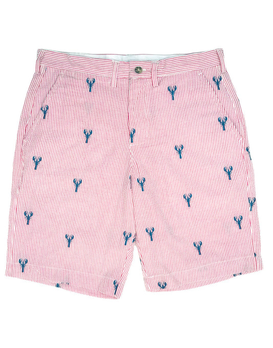 Pink Mens Seersucker Shorts with Green Embroidered Palm Trees