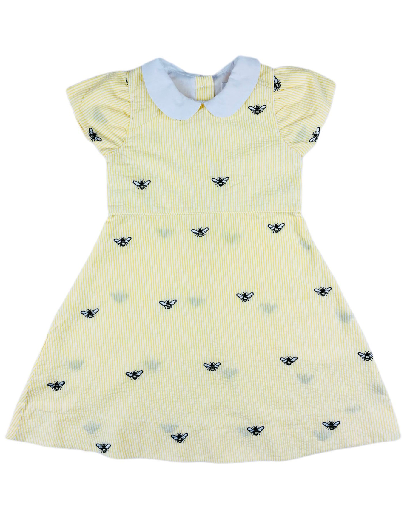 Yellow and White Seersucker Dress with Embroidered Honeybees and Peter Pan Collar