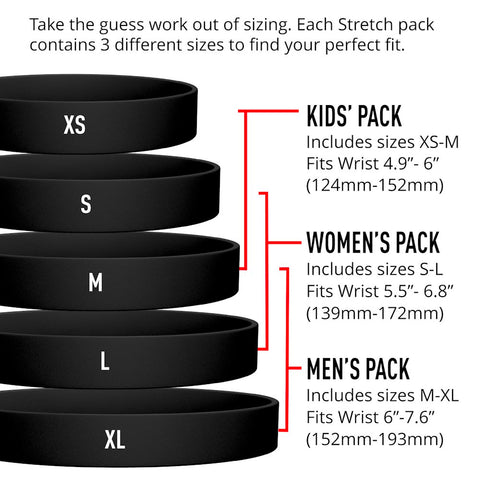 Kids Pack: fits wrist 4.9 inches to 6 inches. Women's Pack: fits wrist 5.5 inches to 6.8 inches. Men's Pack: fits wrist 6 inches to 7.6 inches.