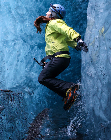 Royce jumps in an ice cave.