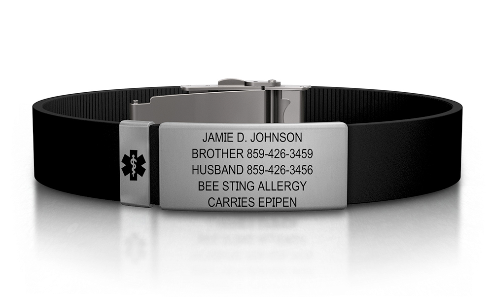 Stainless Steel Box Link Medical Alert ID Bracelet With Black Accents ...
