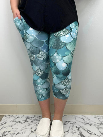 Teal Aqua Magical Mermaid Scale Print Leggings
