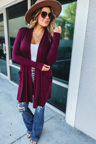 Casual Long Sleeve Slouchy Pocket Open Front Jersey Knit Knee Length Open Front Cardigan