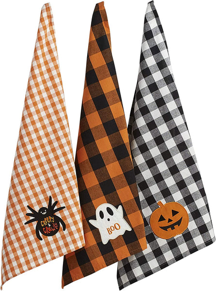 DII Happy Halloween Dishtowel Collection Embellished Cotton Kitchen Hand Towel Set, 18x28, Spooky Farmhouse Buffalo Check, 3 Count