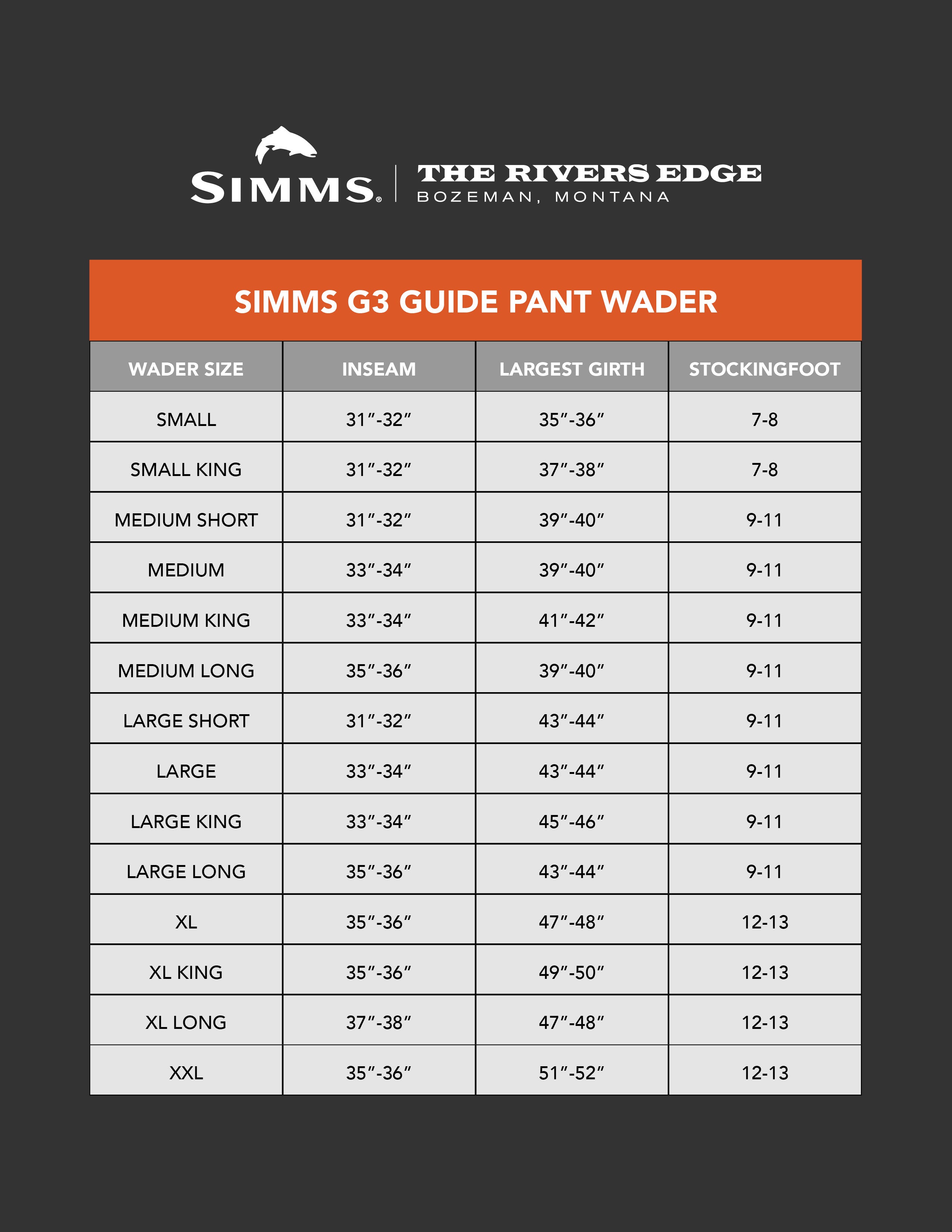 Simms G3 Guide Pant Wader Size Chart