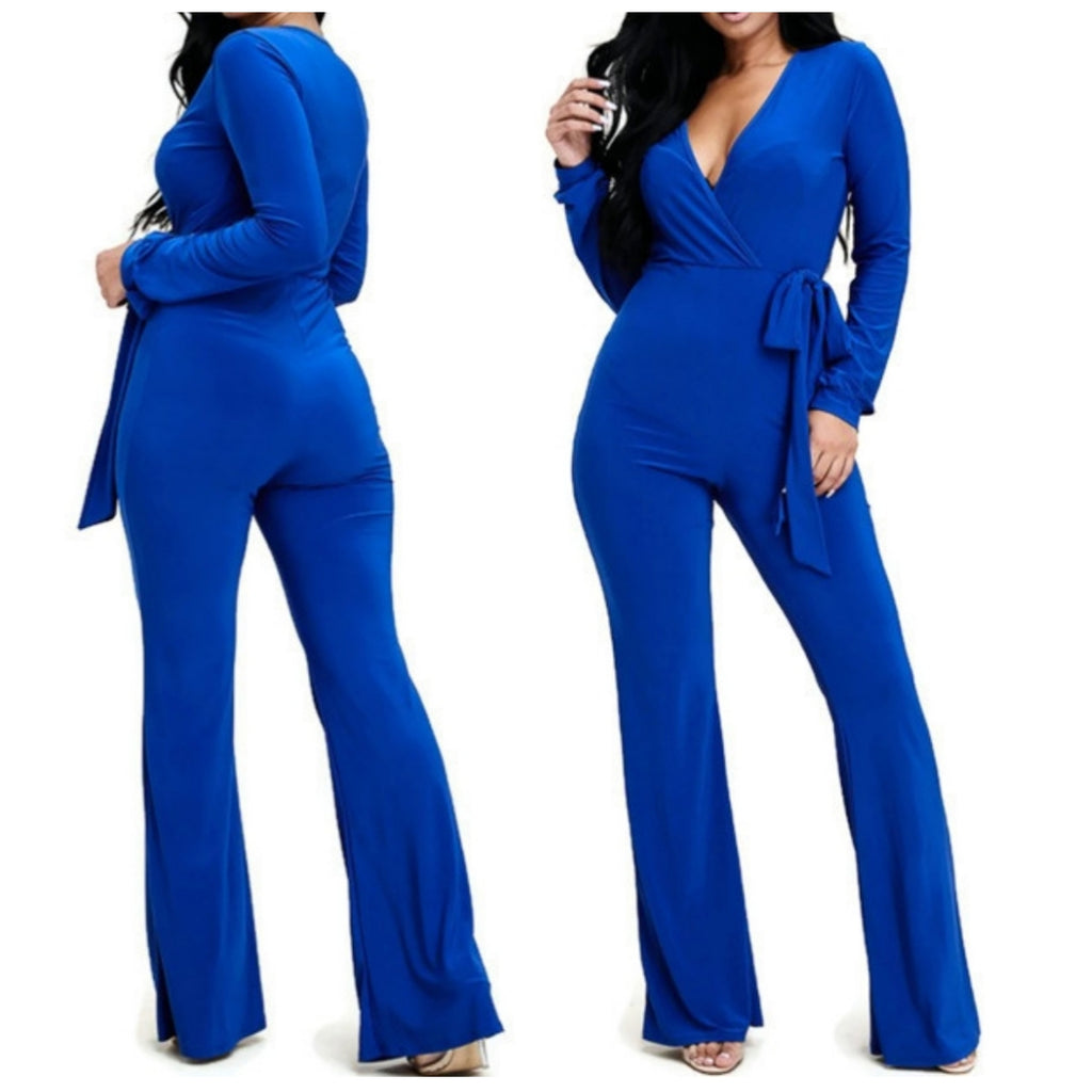 MM Royal Blue Long Sleeve Bell Bottom Tie Waist Jumpsuit – Kerena ...