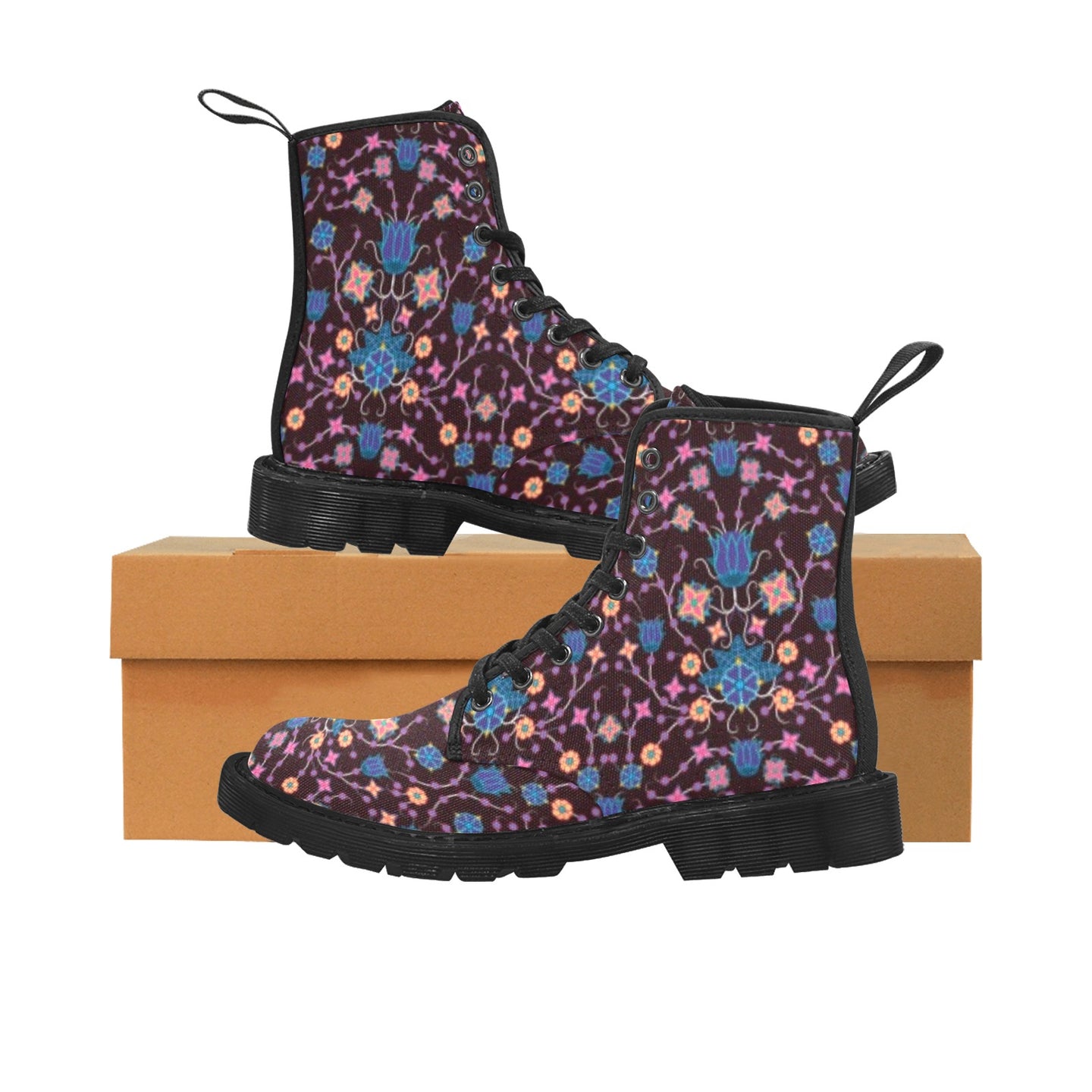 Floral Damask Purple Boots for Women (Black)