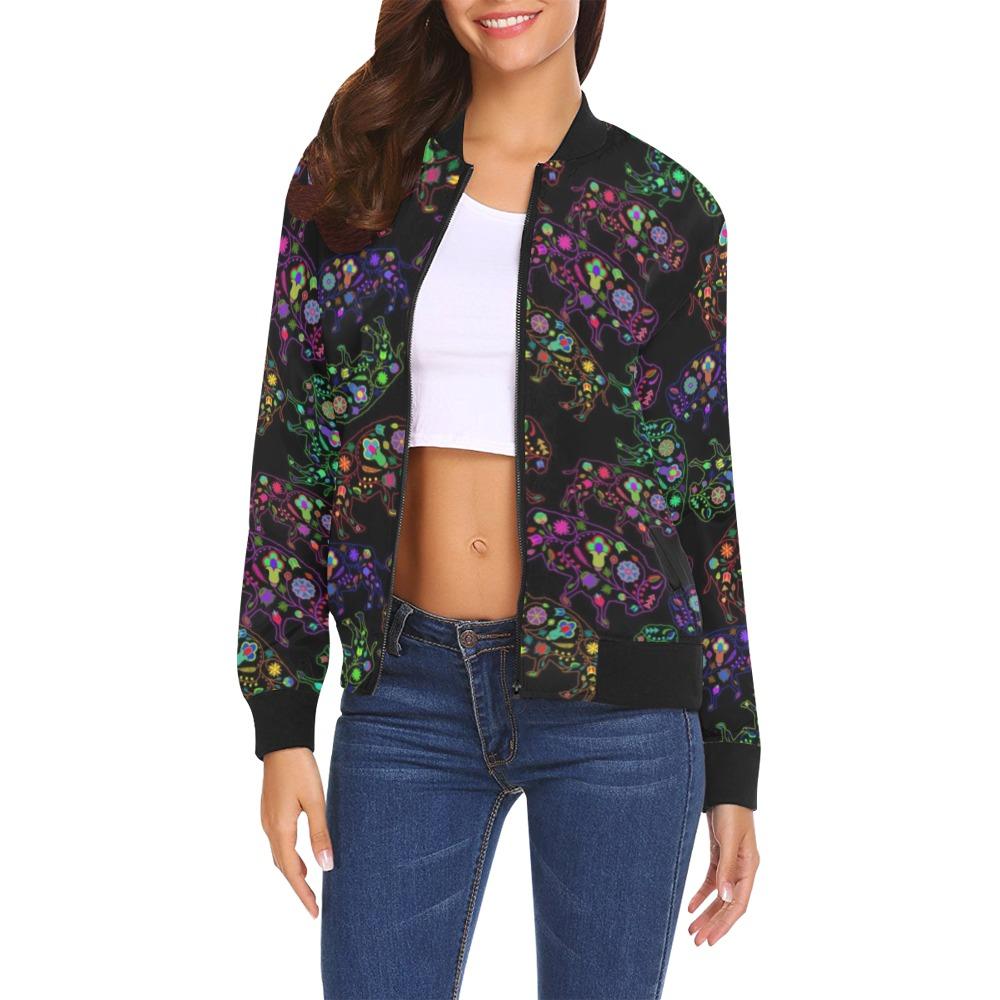 Neon Floral Buffalo All Over Print Bomber Jacket for Women – 49 Dzine