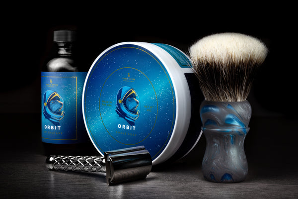 orbit shave soap, brush, aftershave