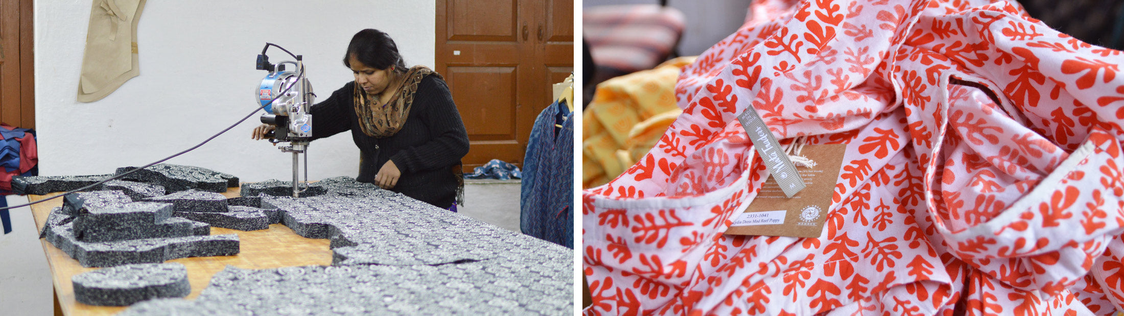 sadhna utilizes hand screen printed fabrics and cuts pattern pieces by hand