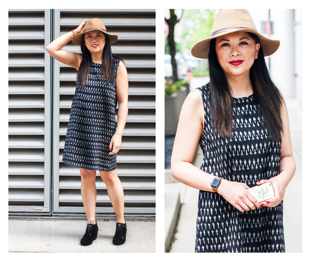 Bernadette wearing the Fresco Shift dress in black ikat.