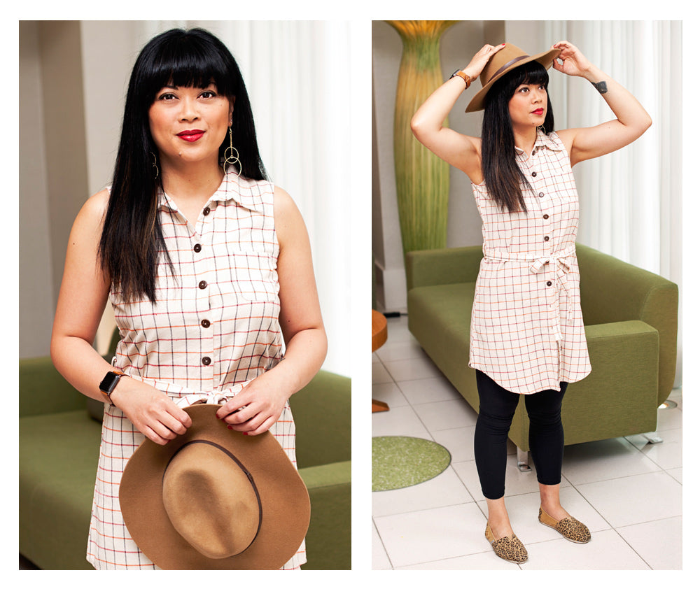 Bernadette wearing the Layla shirtdress in cream plaid.