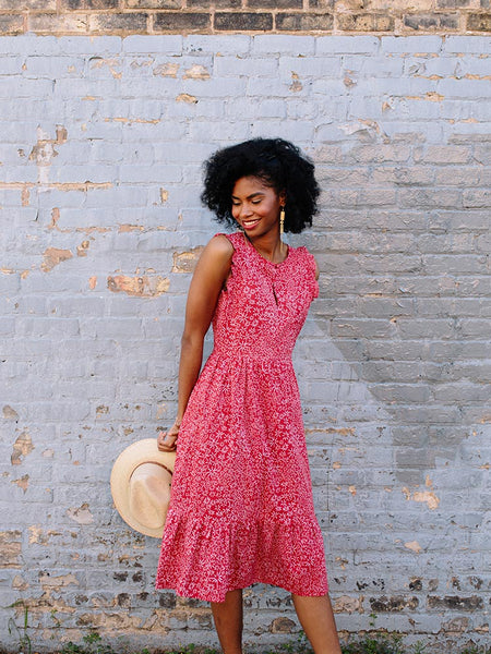 Mata Traders Ethical Fashion Floral Red Midi Dress 