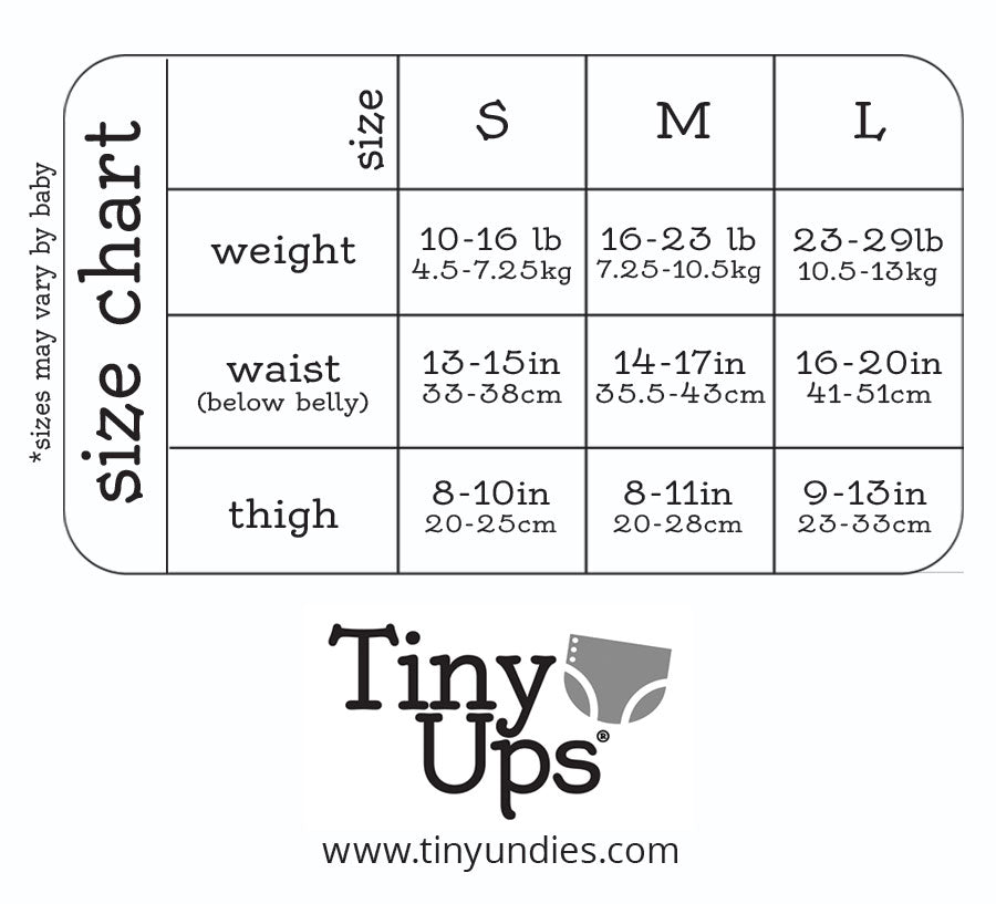 TinyUps cloth pull-up covers - size chart