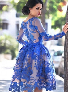 Royal Blue Lace Long Sleeve Short Prom Dress Homecoming Dress