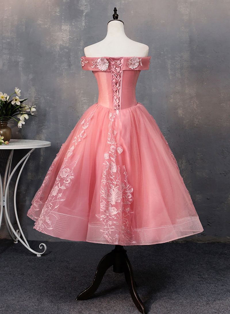 Pink tulle applique short prom dress, pink evening dress