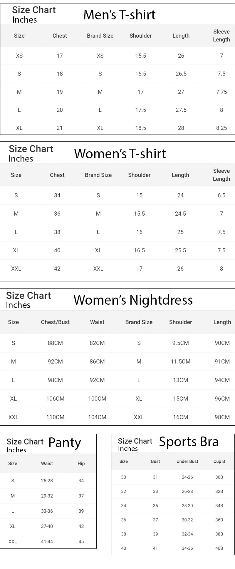 Youngtrendz size chart for Tshirt mens and womens, Sports bra and panty size chart