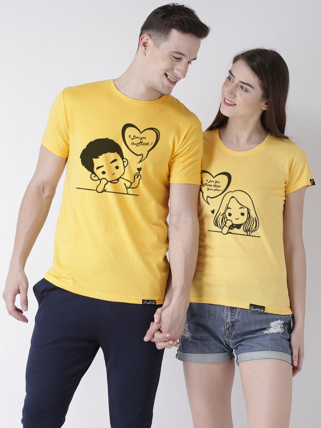 Duo Couple Bio Wash Cotton Love You Printed Yellow Color Half Sleeve Couple T Shirts Young Trendz