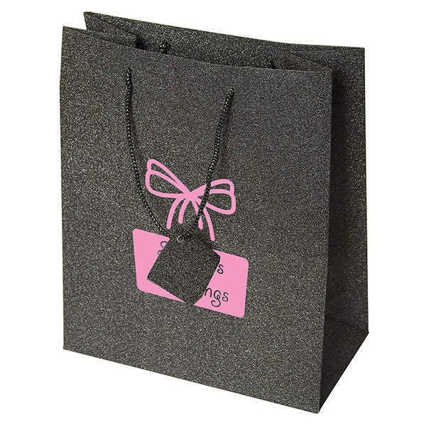 Product Details   Customized screen printing Art paper  9.75" W x 11.75" H x 5" D   Glittered exterior  Coloured rope handle and gift tag  Festively coloured gift bags  Wrap up your holiday gift in style     Ideas for use    Custom stylish large paper tote is ideal for retail stores or for gift giving. Get your logo or design printed on these recyclable bags!      Best decorating process   Suited for screen printing with 1 ink colour   Bag Imprint Size: 6" W x 5" H (front/back)       Estimated production time   Production time is 7-10 business days from receiving final artwork. Rush services are available!       VC: 239