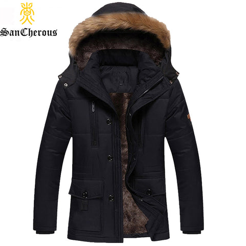 2023 Men Winter Parka Fleece Lined Thick Warm Hooded Fur Collar Coat Male  Size 5xl Plush Jacket Autumn Work Outwearing Black Black