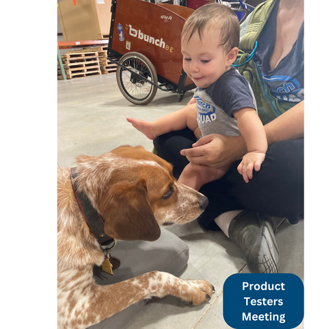 Dog and baby having a meeting near the bunch bike