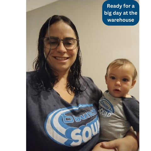 mom and baby in bunch squad t-shirts