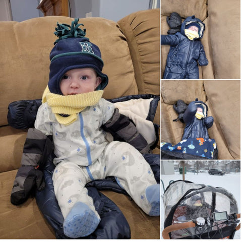 Step by step of baby getting dressed for winter bunch bike
