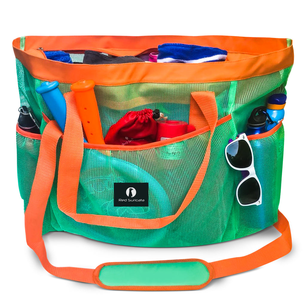 Red Suricata XL Mesh Beach Bag Tote - Turquoise Green & Orange