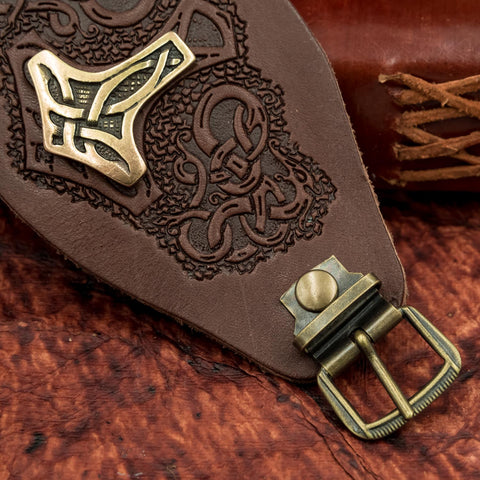 Brown Mjolnir Leather Wide Cuff – Skullvikings