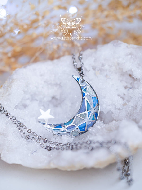 stained glass inspired blue moon pendant necklace13th psyche