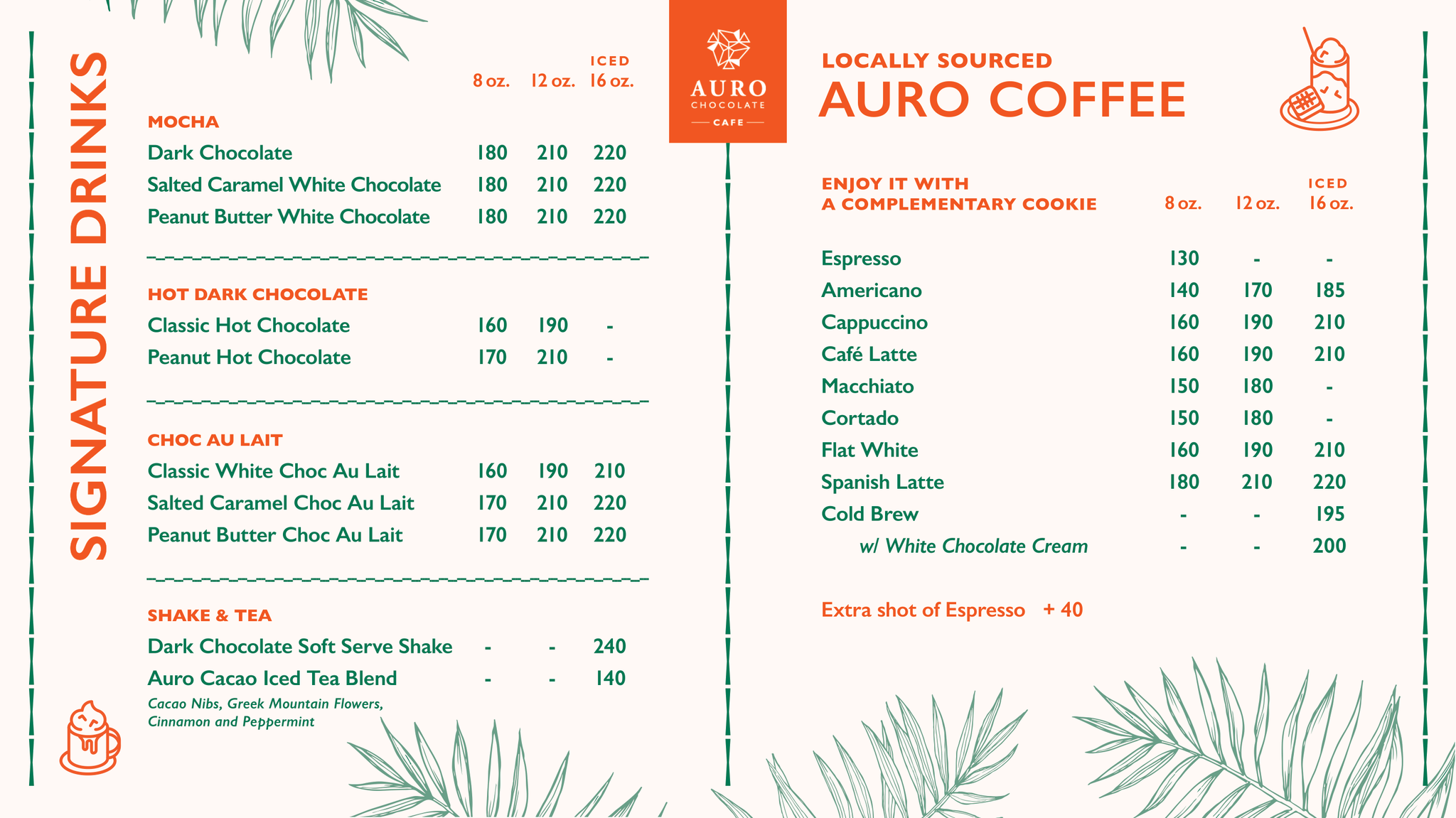 Auro Chocolate Cafe Menu