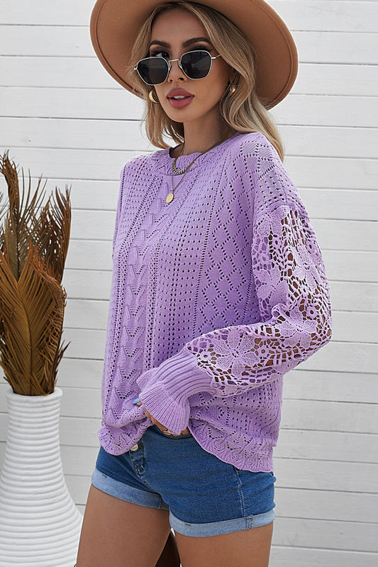 Crochet Lace Pointelle Knit Sweater – PinkQueenShop