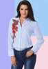 Image of Women Stripe Chinese Style Red Flowers Embroidery Long Sleeves Shirt | Edlpe
