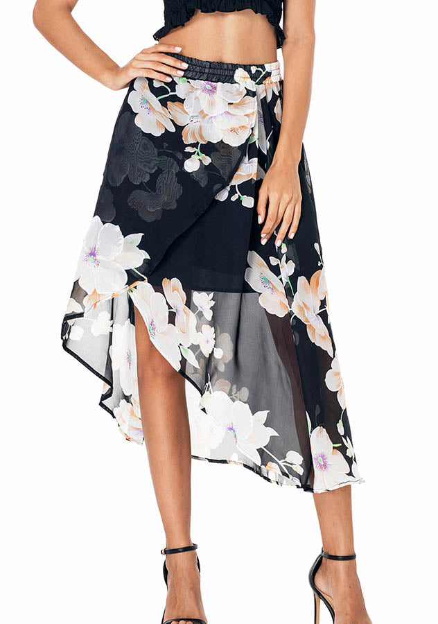 EDLPE - Chiffon Irregular Hem Floral Pattern See-Through Gauze Skirt