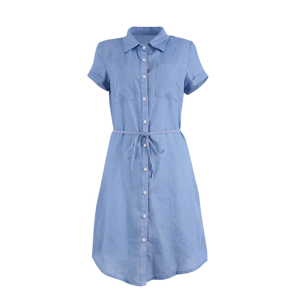 EDLPE - Womens Casual Denim Summer Shirt Dress Ladies Short Sleeve ...