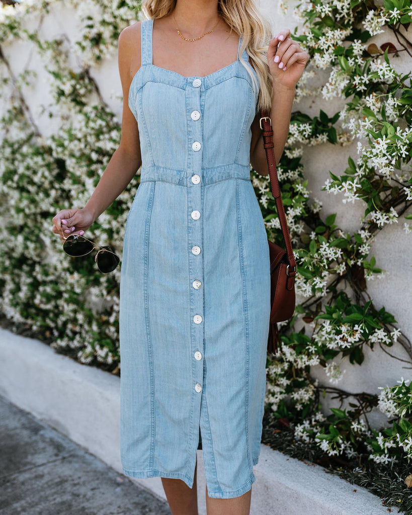 Women Summer Button Denim Strappy Dress 