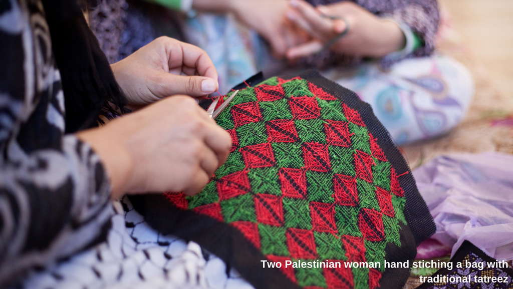 Palestinian women hand stitching traditional tatreez patterns on a bag / clothes