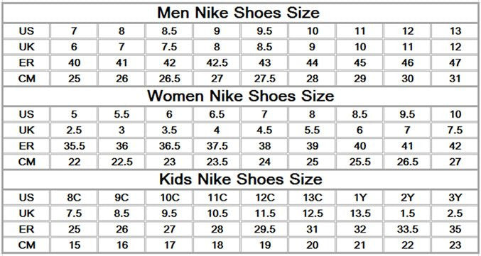 nike react size chart