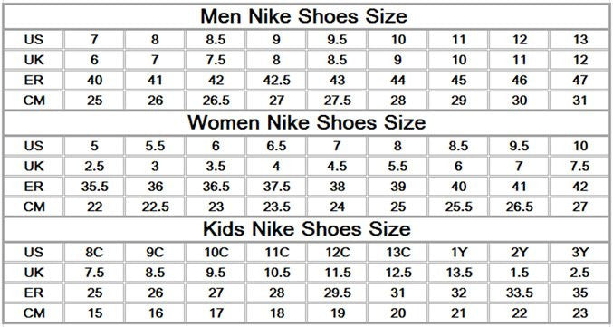Nike Jordan 1 Size Chart